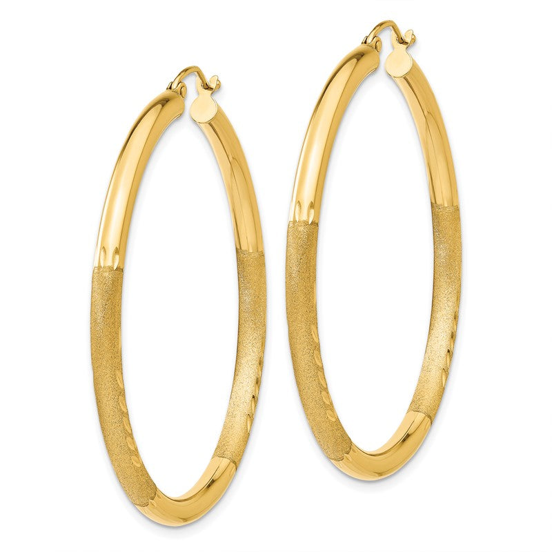 14k 3x45mm Satin Diamond-cut Round Tube Hoop Earrings TC294