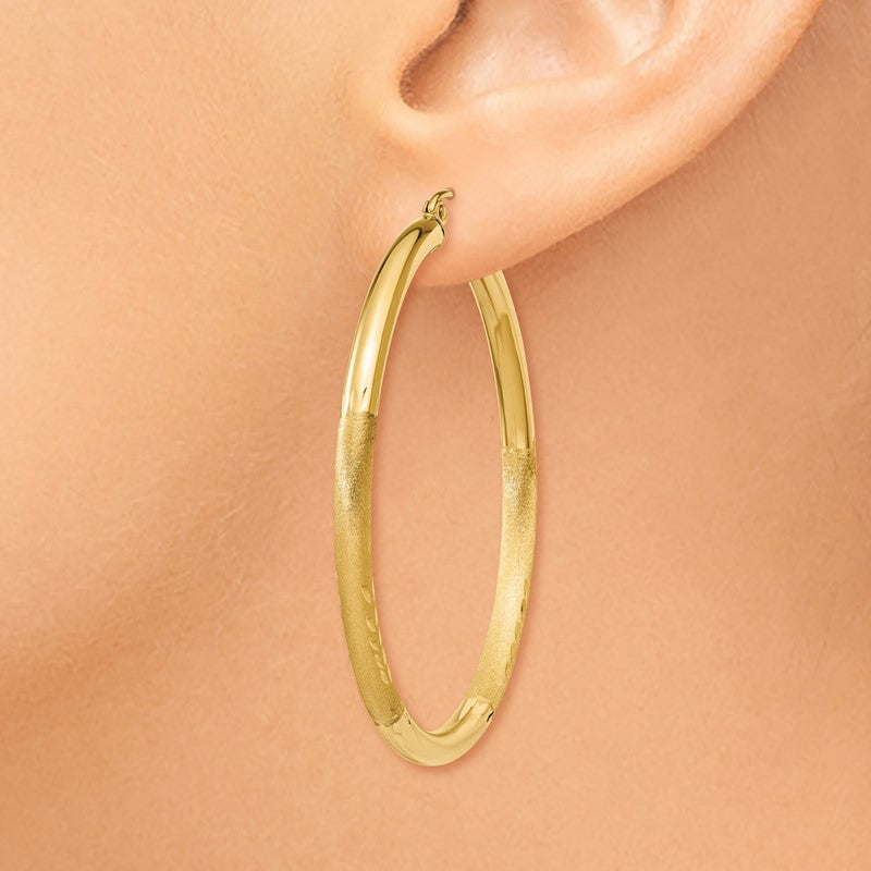 14k 3x45mm Satin Diamond-cut Round Tube Hoop Earrings TC294