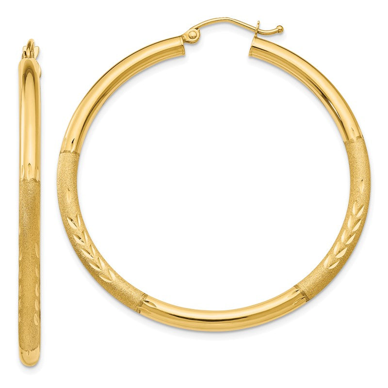 14k 3x45mm Satin Diamond-cut Round Tube Hoop Earrings TC294