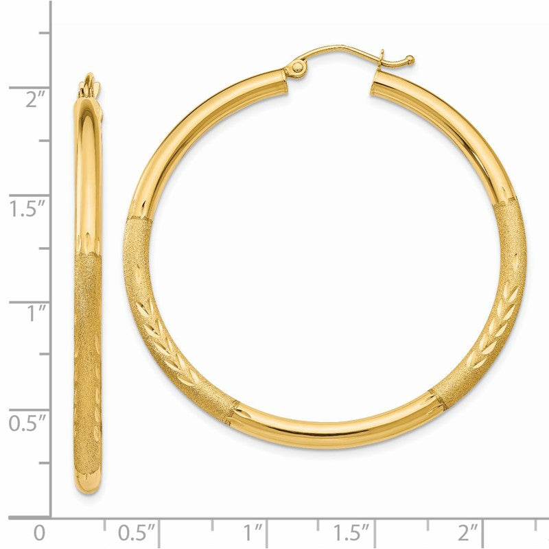 14k 3x45mm Satin Diamond-cut Round Tube Hoop Earrings TC294