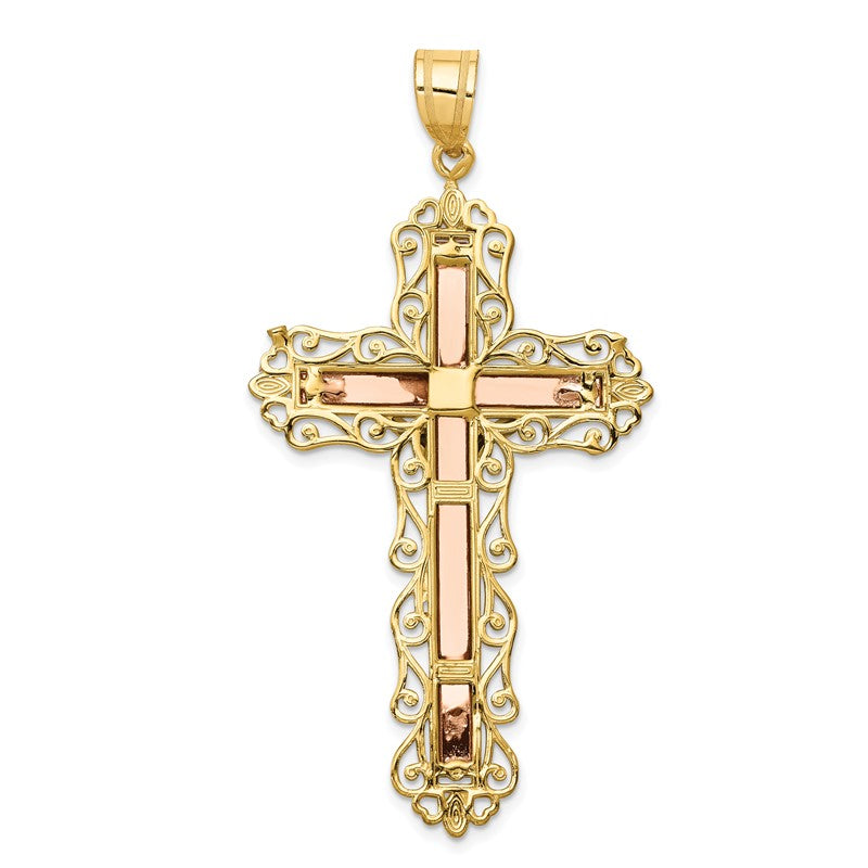14K Tri-color Diamond-cut Filigree Crucifix Pendant D3647