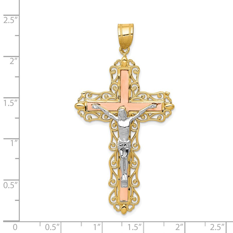 14K Tri-color Diamond-cut Filigree Crucifix Pendant D3647