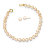 14k Madi K 4-5mm Pink Freshwater Cultured Pearl 5.5 inch Bracelet and Post Earrings Set XF730SET