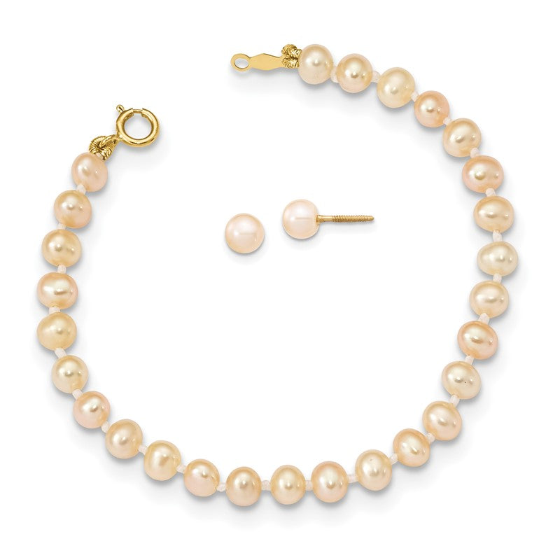 14k Madi K 4-5mm Pink Freshwater Cultured Pearl 5.5 inch Bracelet and Post Earrings Set XF730SET