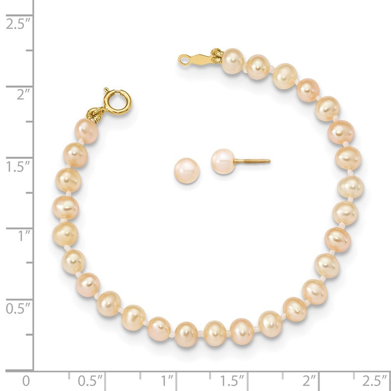 14k Madi K 4-5mm Pink Freshwater Cultured Pearl 5.5 inch Bracelet and Post Earrings Set XF730SET