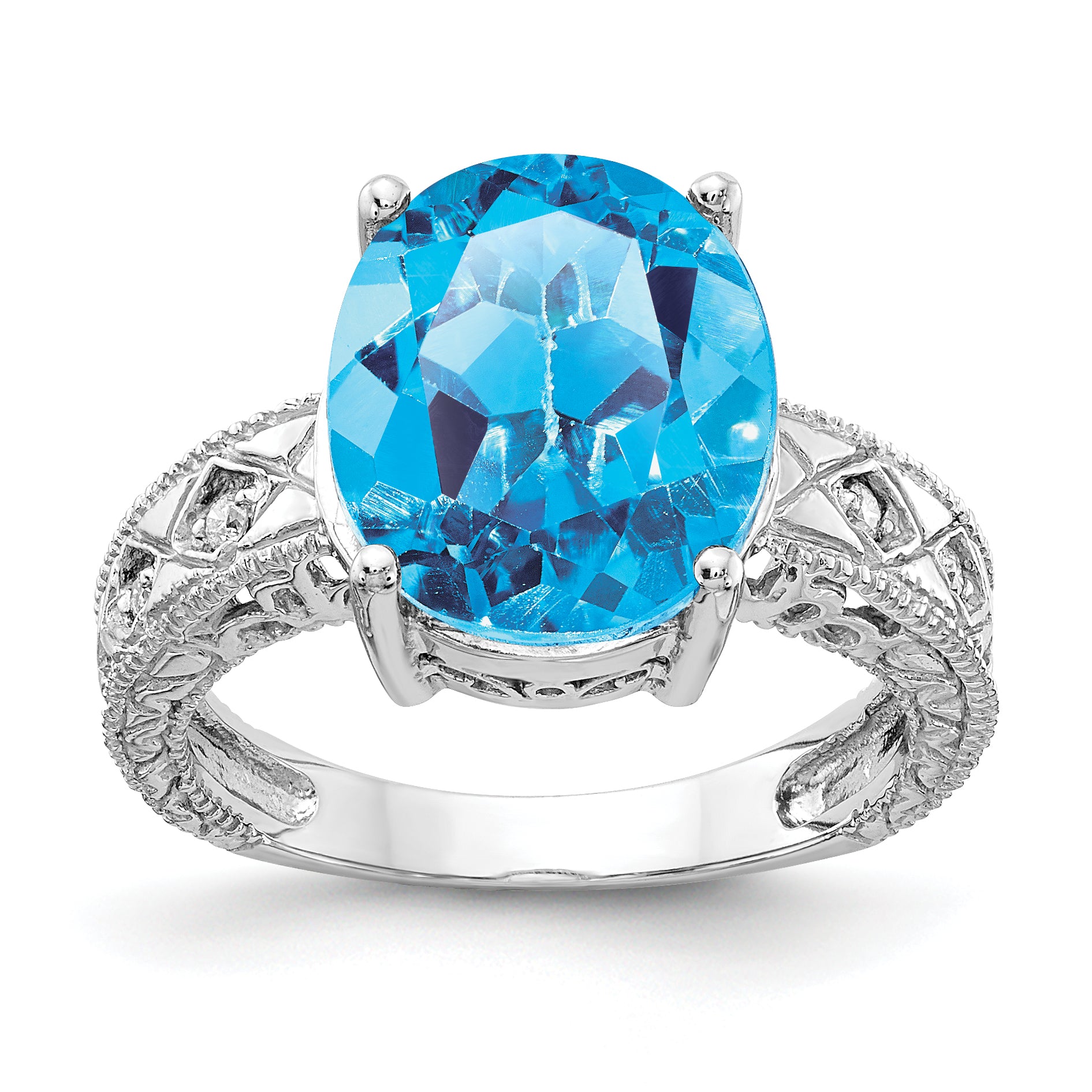 14k White Gold 12x10mm Oval Blue Topaz and 1/20 carat AAA Diamond ring Y2271BT/AAA