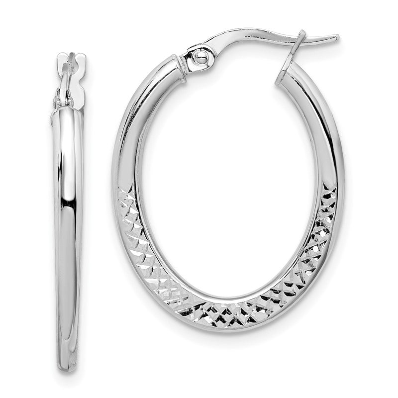 14K White Gold 2x25mm Diamond-cut Oval Hoop Earrings TF1463