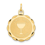 14k Polished and Satin Solid FIRST HOLY COMMUNION Scalloped Edge Round Disc Pendant XR366