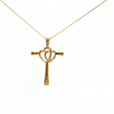 10K Yellow Gold Cross with Two Hearts Necklace (0.18 TWT)