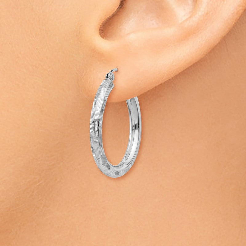 14k White Gold 3x25mm Diamond-cut Tube Hoop Earrings TF626