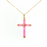 Lady's 14k Yellow Gold Pink Jade Cross Pendant - 18" Necklace