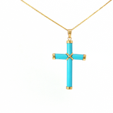 Lady's 14k Yellow Gold Blue Turquoise Cross Pendant - 18" Chain