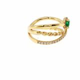 18K Gold 3-Strand Ring with Pear Emerald & Round Diamonds