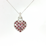 18K White Gold Puffed Heart Ruby & Diamond Pendant | 18" Cable Link