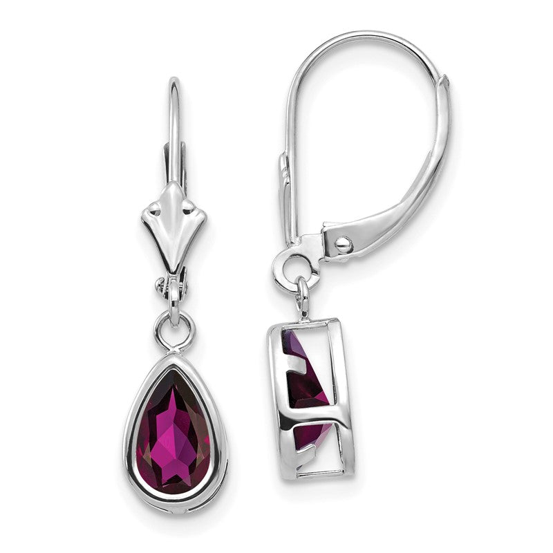 14k White Gold 8x5mm Pear Rhodolite Garnet Bezel Leverback Dangle Earrings XLB103WRG