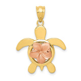 14k Two-tone Diamond-cut Rose Plumeria Turtle Pendant D3343