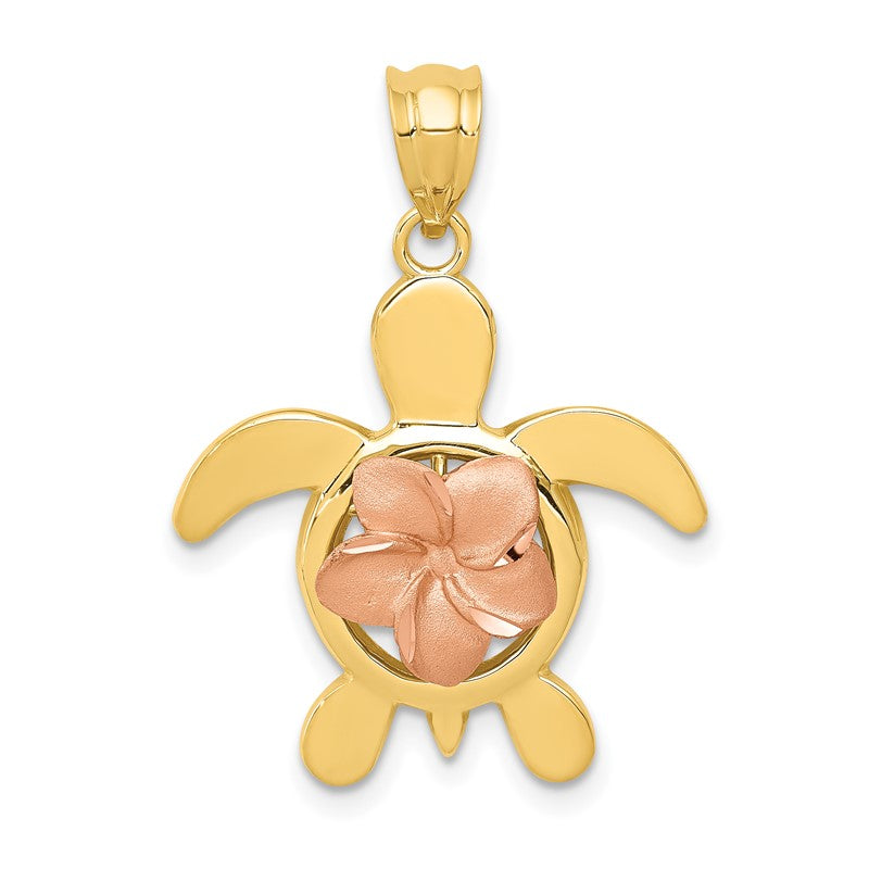 14k Two-tone Diamond-cut Rose Plumeria Turtle Pendant D3343