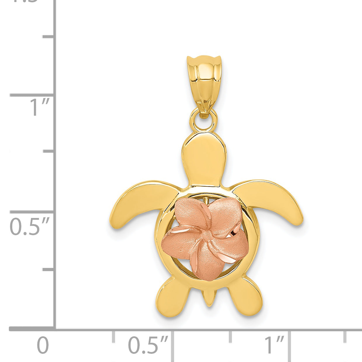 14k Two-tone Diamond-cut Rose Plumeria Turtle Pendant D3343