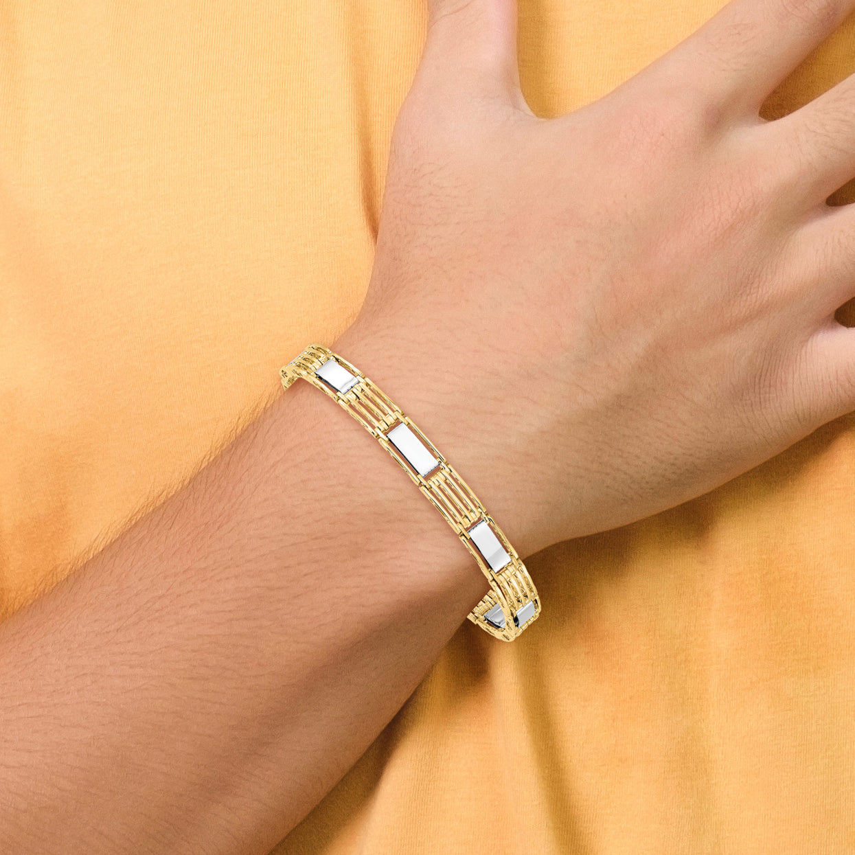 14k Two-tone High Polished 7.4mm Fancy Bar Link 8.5 inch Mens Bracelet GB246