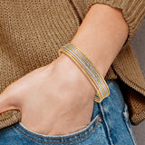 14K Oversize Tri-color Polished and Textured with Dangle Heart 7-Strand 11.00mm Slip-on Round Bangle Bracelet DB536O