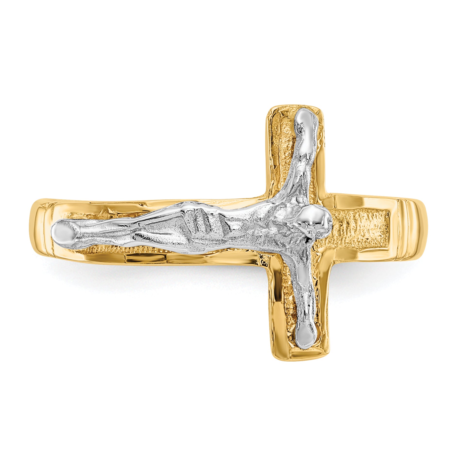 14K Two-Tone Mens Polished Diamond-Cut Crucifix Ring C2116