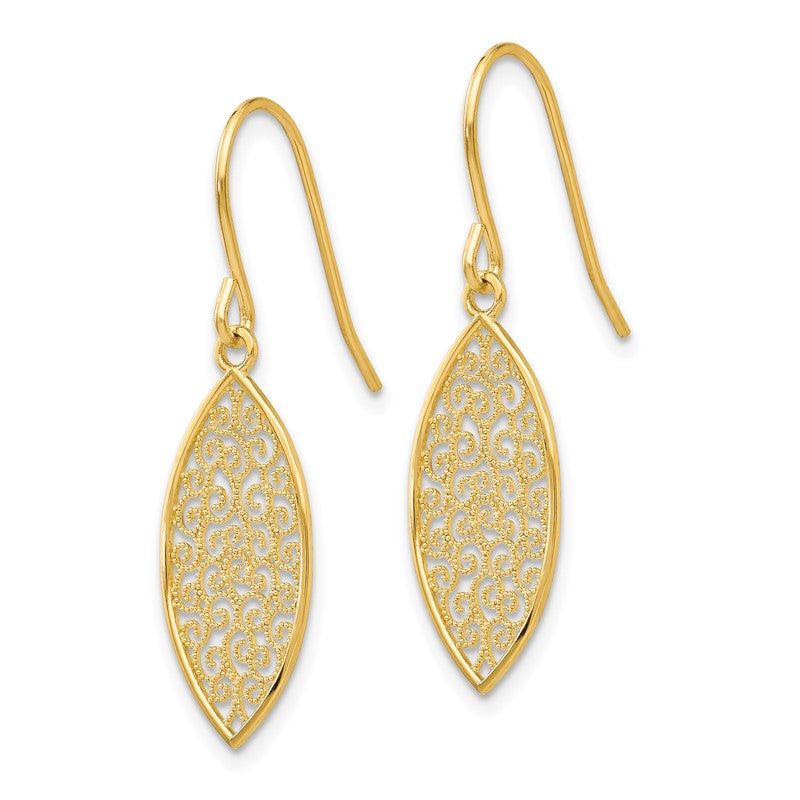 14k Fancy Filigree Pointed Oval Dangle French Hook Earrings K4365