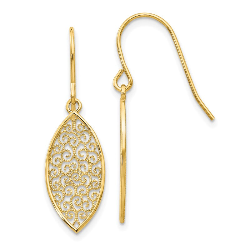 14k Fancy Filigree Pointed Oval Dangle French Hook Earrings K4365