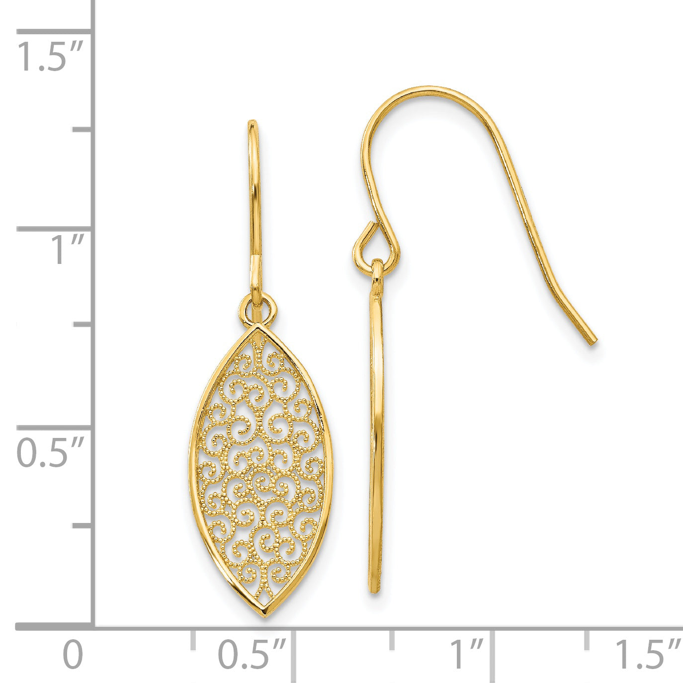 14k Fancy Filigree Pointed Oval Dangle French Hook Earrings K4365