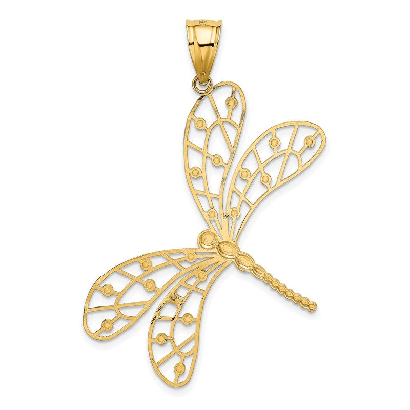 14k and White Rhodium Polished Diamond-cut Filigree Dragonfly Pendant K5335