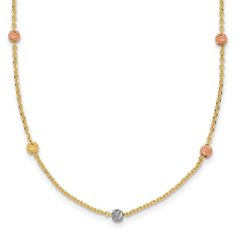 14k Tri-color Polished Diamond-cut Beads 18 inch Station Necklace SF2270