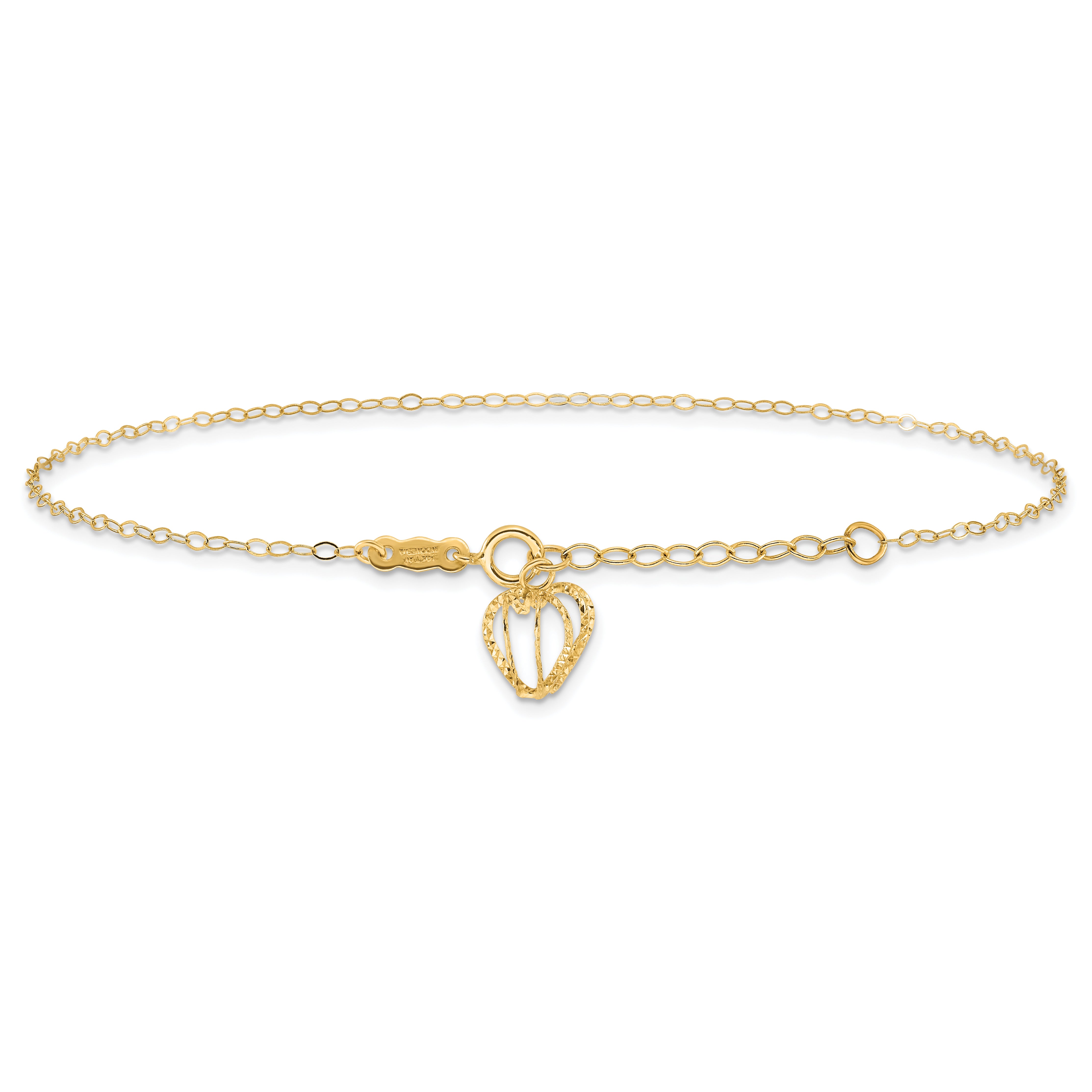 14K Cable Chain with Diamond-cut Heart Cage Dangle 9 inch Plus 1 inch Extender - Total 10 inch Anklet ANK244