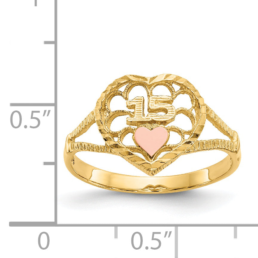 14K Two-tone Diamond-cut Quinceanera 15 in Heart Ring K3886