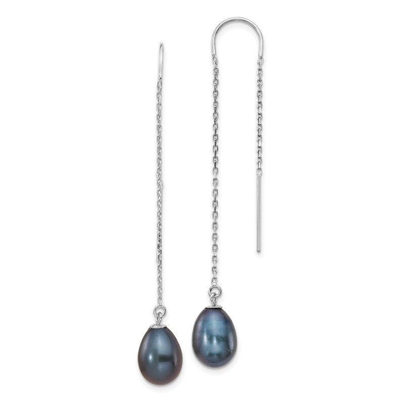 14k White Gold 7-8mm Black Teardrop Freshwater Cultured Pearl Threader Earrings XF706E