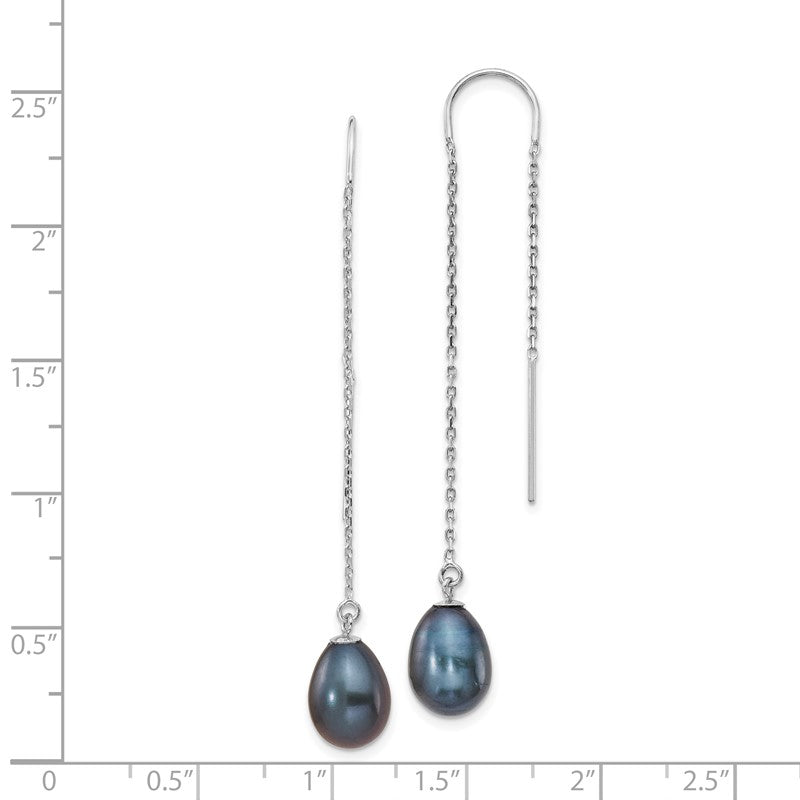14k White Gold 7-8mm Black Teardrop Freshwater Cultured Pearl Threader Earrings XF706E
