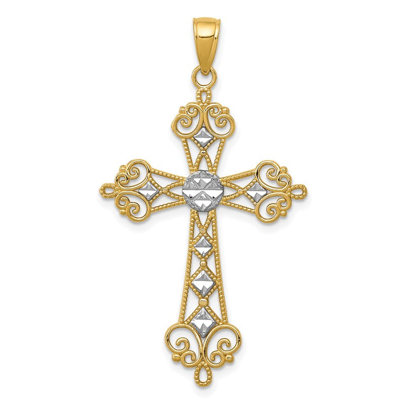 14K and White Rhodium Polished Diamond-Cut Cut-Out Cross Pendant K5501