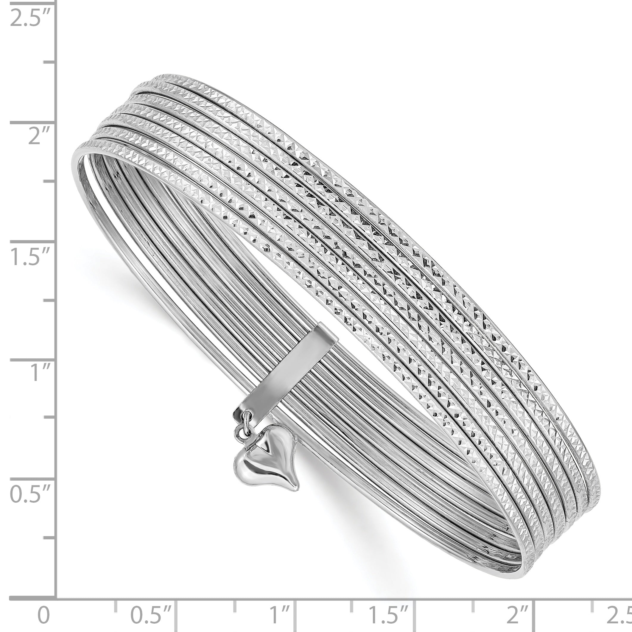 14K White Gold Polished and Textured with Dangle Heart 7-Strand 11.00mm Slip-on Round Bangle Bracelet DB535