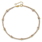 14k Tri-color 3-Strand Diamond-cut Beaded 9-Station 9 inch Plus 1 inch Extender - Total 10 inch Anklet ANK290