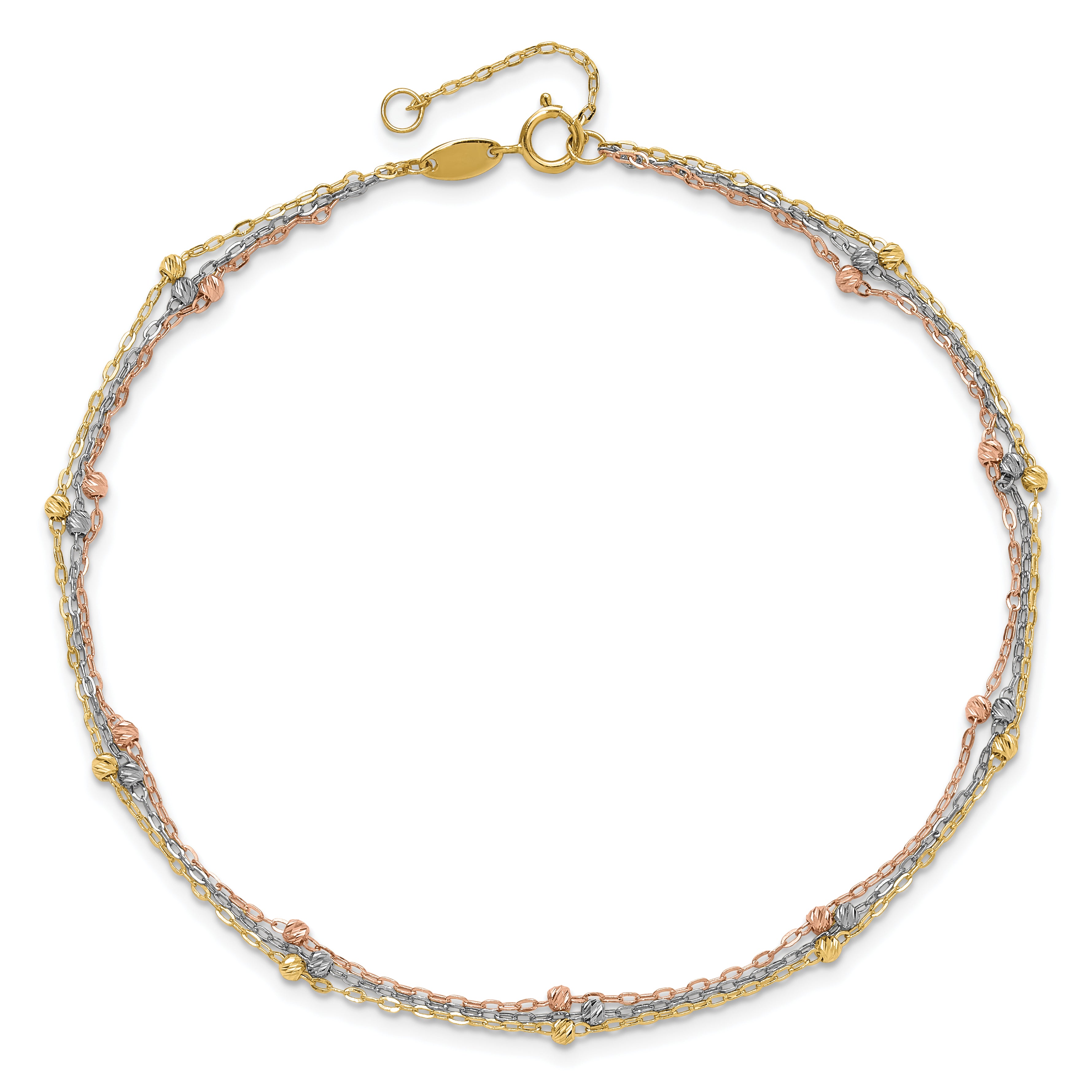 14k Tri-color 3-Strand Diamond-cut Beaded 9-Station 9 inch Plus 1 inch Extender - Total 10 inch Anklet ANK290