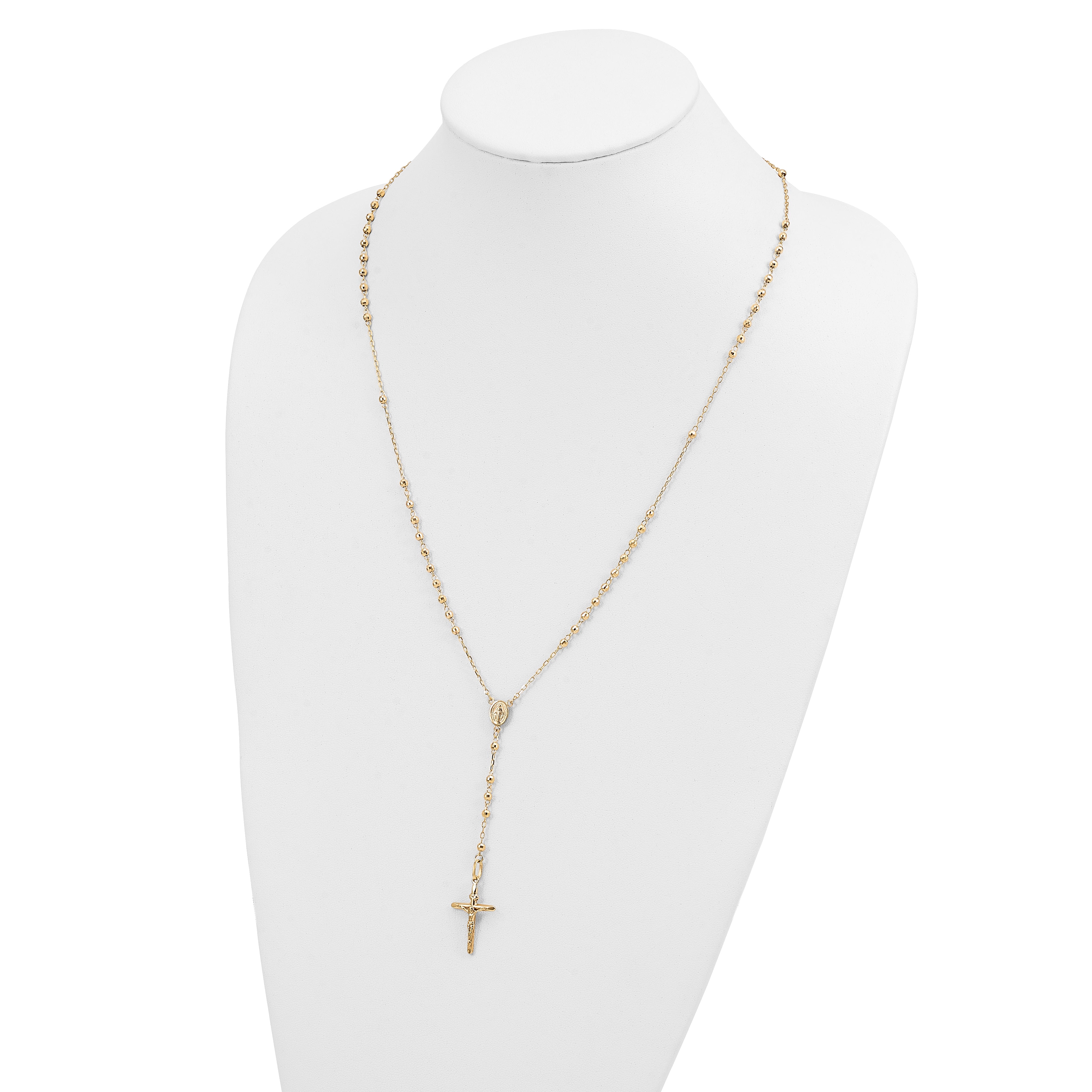 14k Polished Crucifix and Miraculous Medal with 3mm Mirror Beads Semi-solid 24 inch Rosary Necklace SF2065