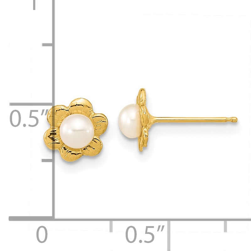 14k 3-4mm White Button Freshwater Cultured Pearl Flower Post Earrings XF617E