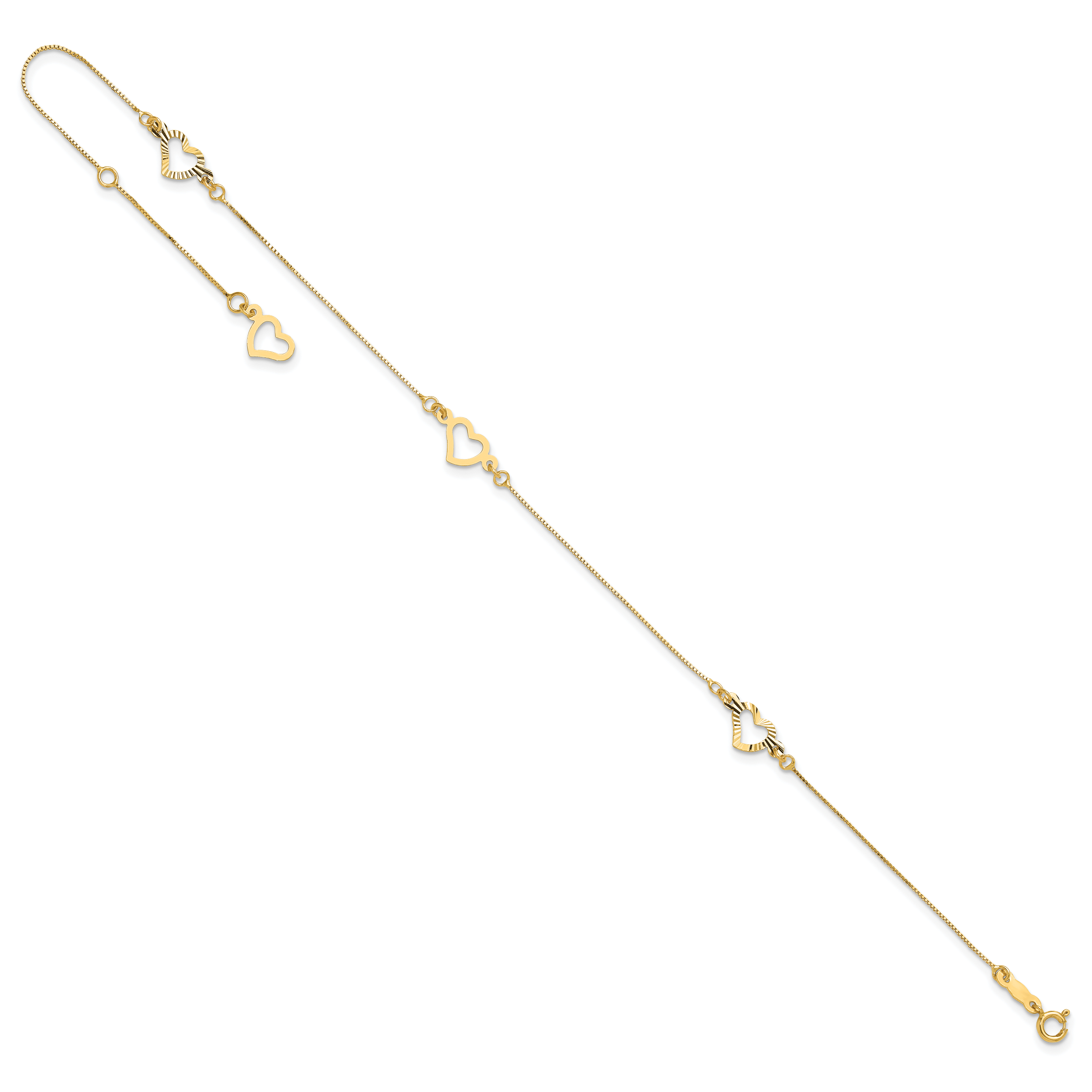 14K Fancy Open Hearts 3-Station 9 inch Plus 1 inch Extender - Total 10 inch Anklet ANK157