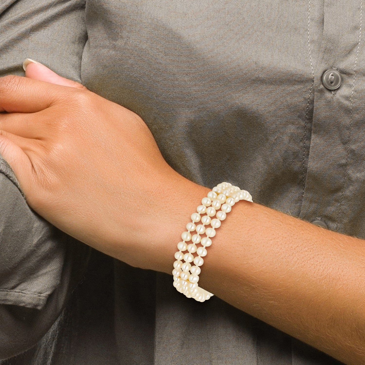 14k 5-6mm White Near-Round Freshwater Cultured Pearl 3-Strand 7.5 inch Bracelet PR14