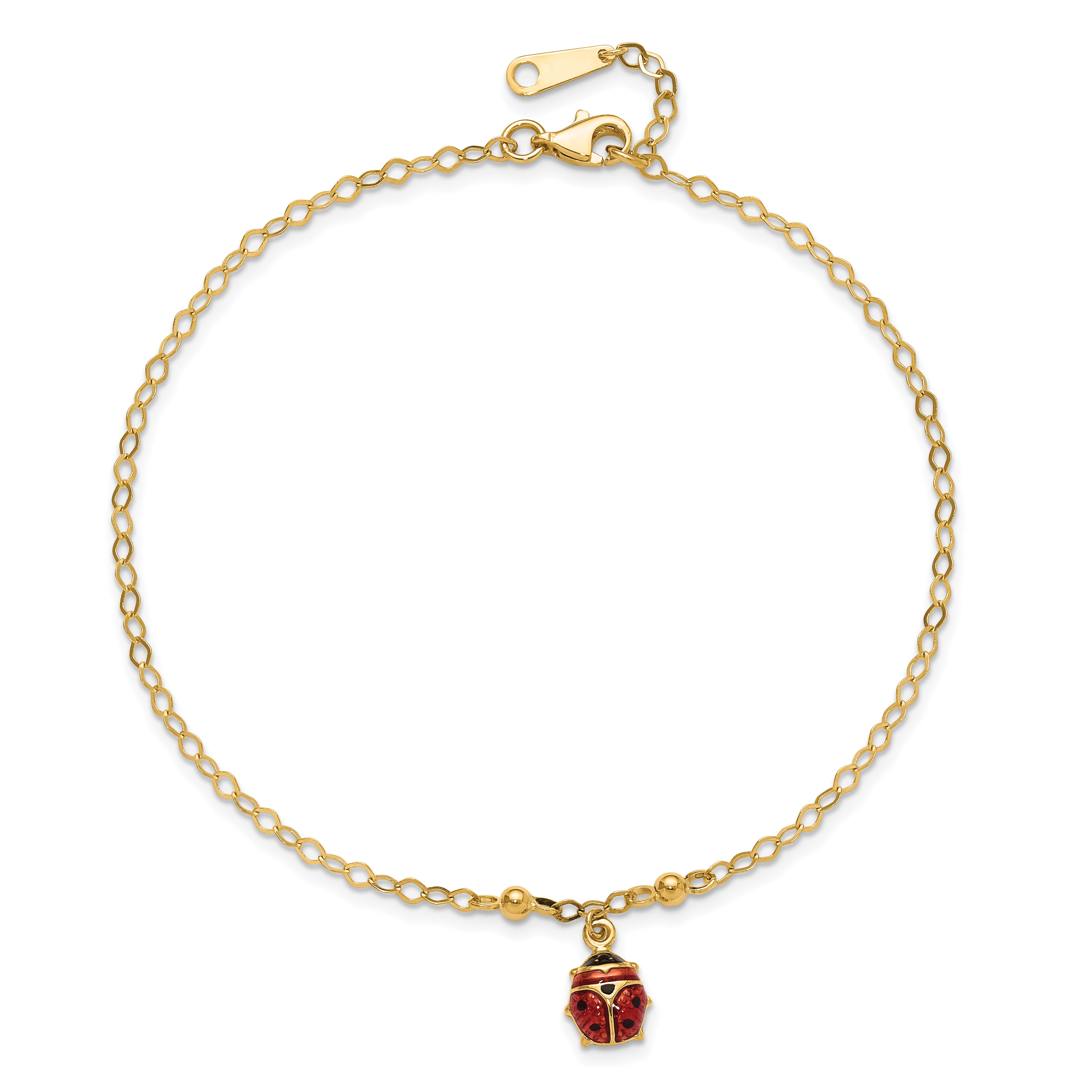 14K Red and Black Enameled Ladybug 9 inch Plus 1 inch Extender - Total 10 inch Anklet ANK197