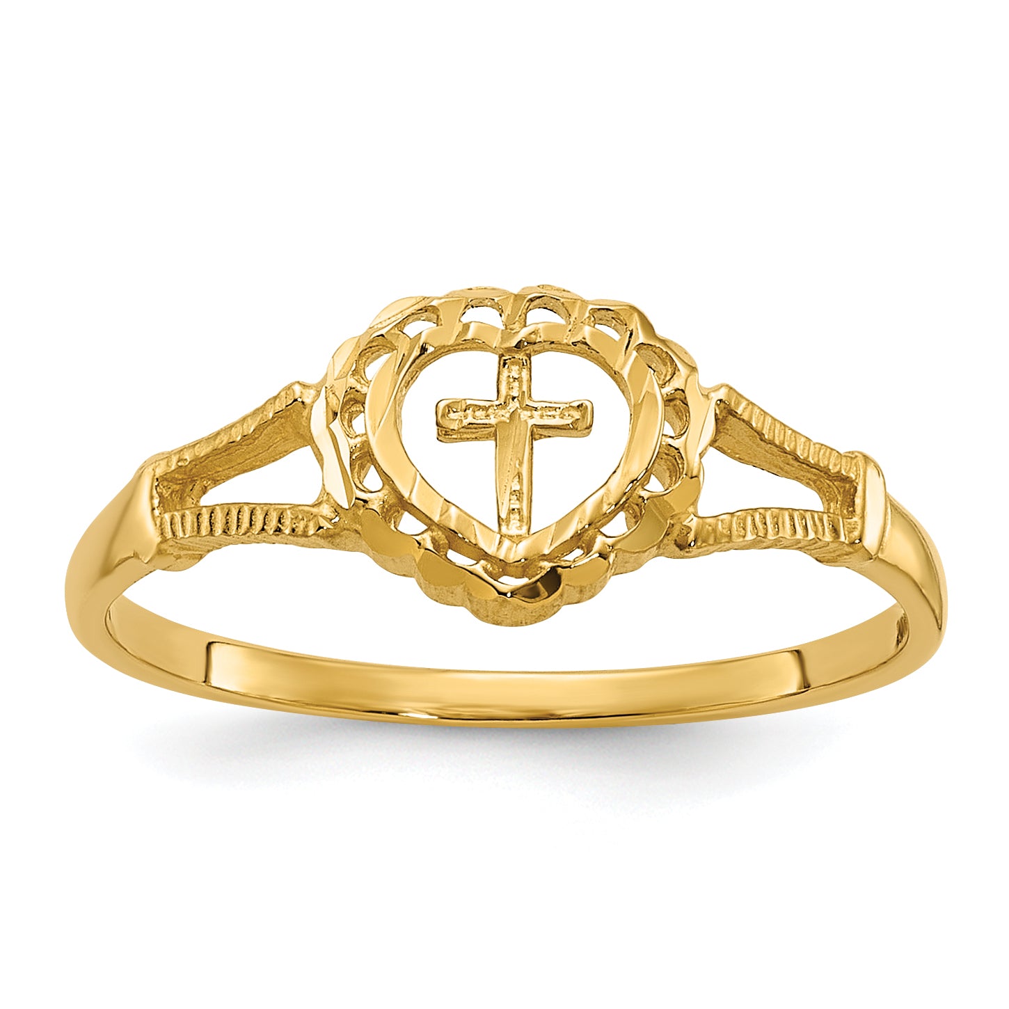 14K Diamond-Cut Cross in Heart Size 4 Baby / Childs Ring K3936