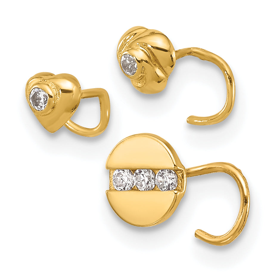 14K 22 Gauge CZ Heart / Flower / Circle 3-piece Nose Post Set BD151SET