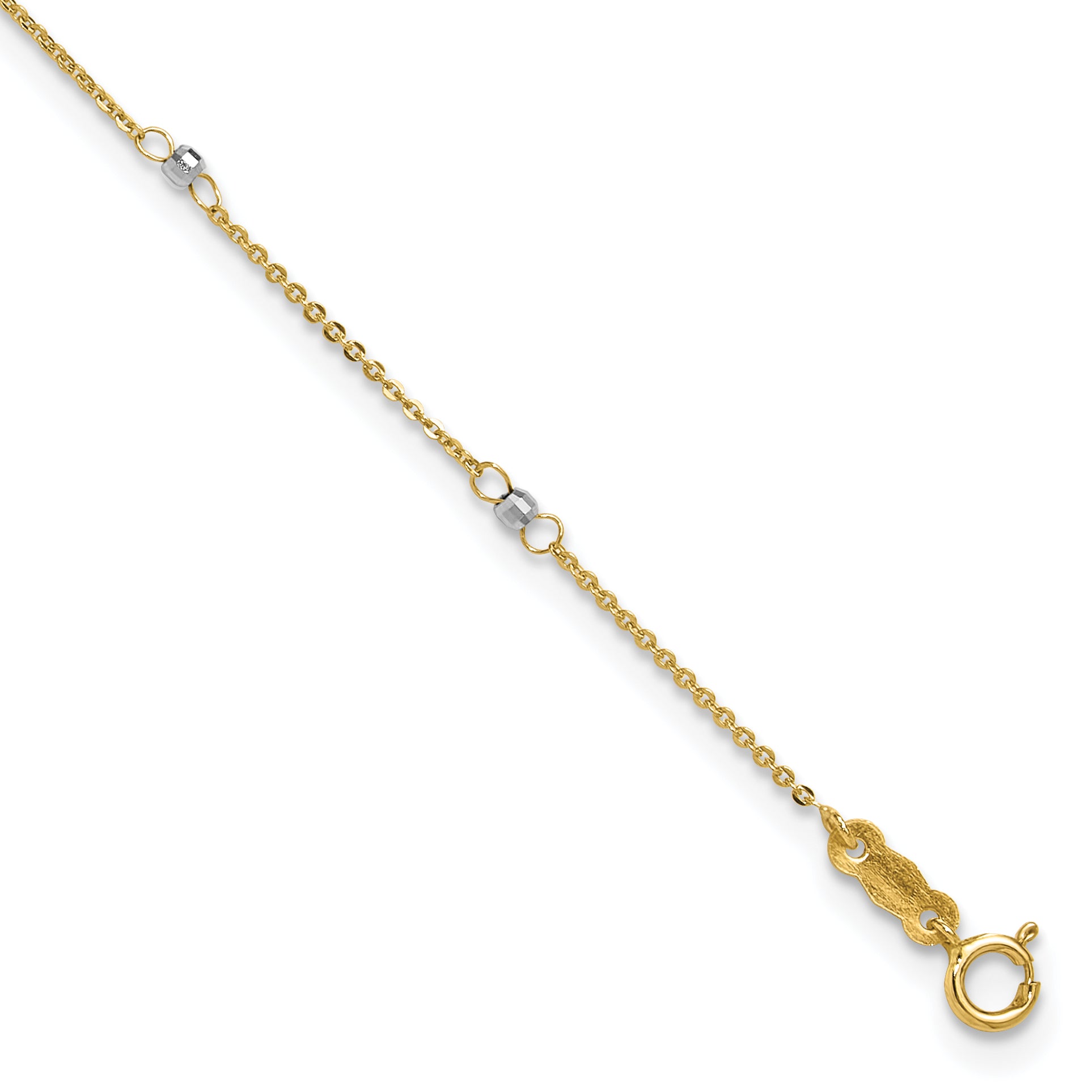 14k Two-tone Cable Chain Mirror Beads 8-Station 9 inch Plus 1 inch Extender - Total 10 inch Anklet ANK264