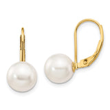 14k 8-9mm White Round Akoya Saltwater Cultured Pearl Leverback Earrings XF482E