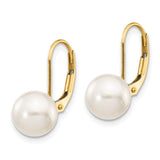 14k 8-9mm White Round Akoya Saltwater Cultured Pearl Leverback Earrings XF482E