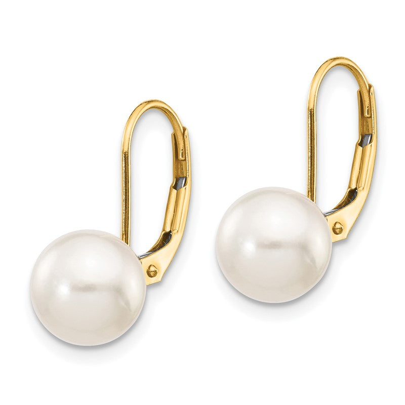 14k 8-9mm White Round Akoya Saltwater Cultured Pearl Leverback Earrings XF482E