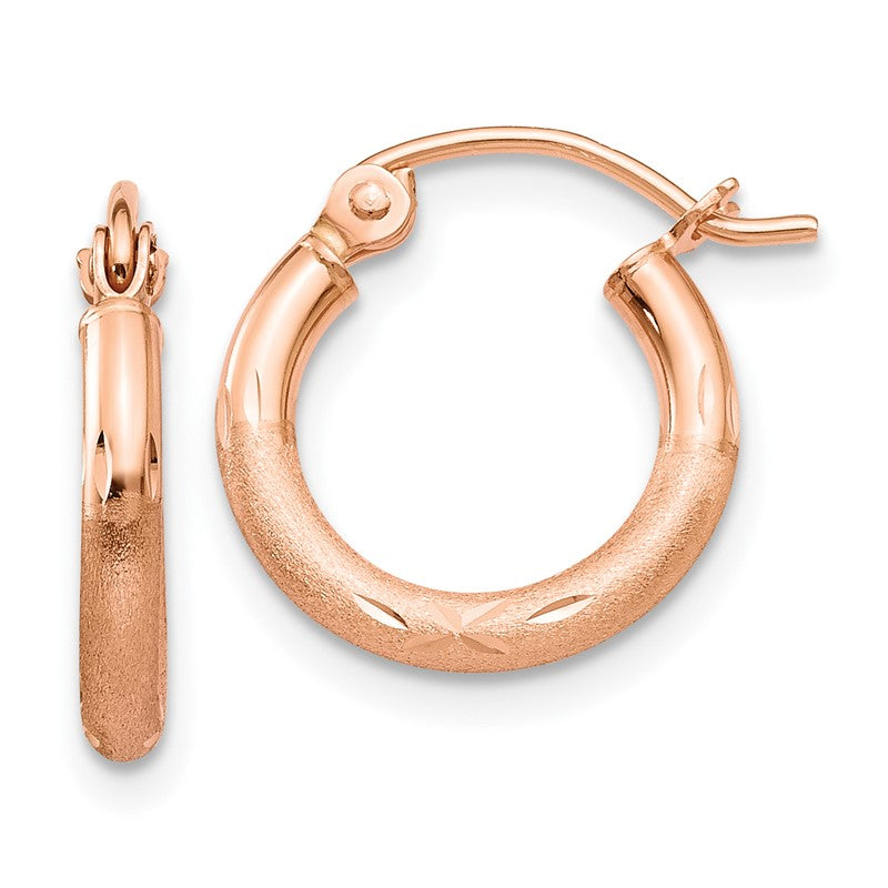 14k Rose Gold 2x13mm Lightweight Satin Diamond-cut Tube Hoop Earrings TF754